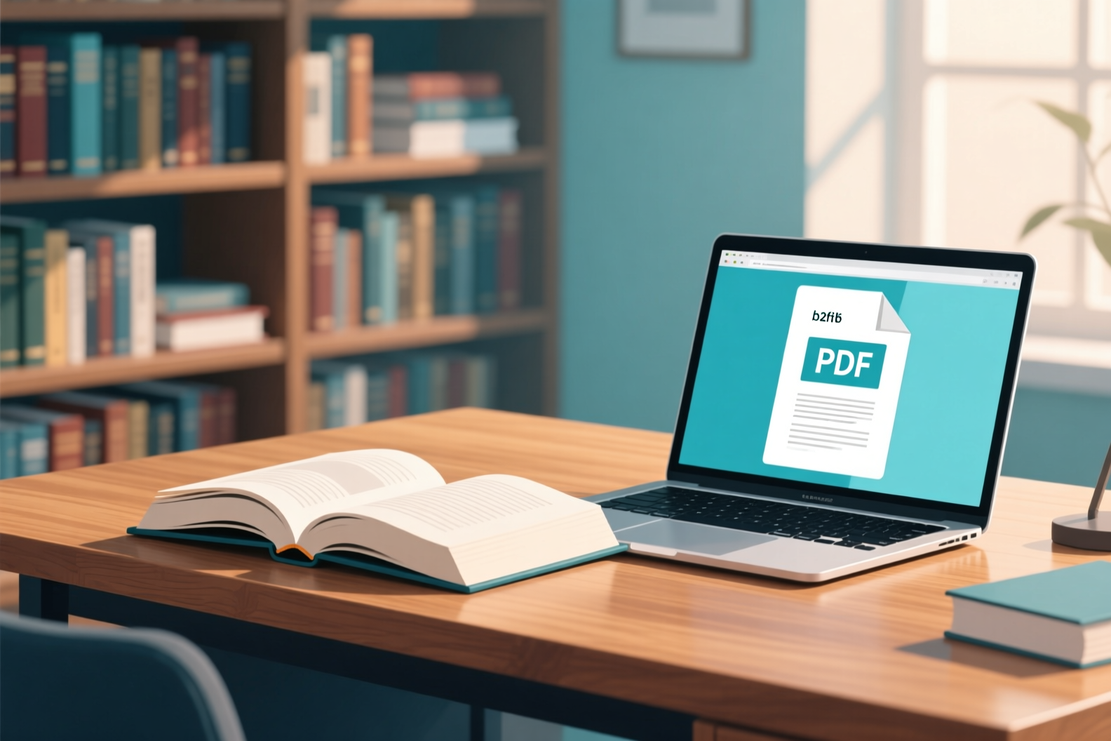 تصویر کتابهای درسی باز روی میز همراه با لپتاپ که صفحهای از نسخه PDF کتاب را نمایش میدهد.