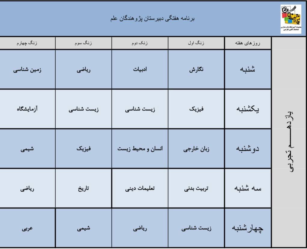 برنامه هفتگی پایه یازدهم تجربی