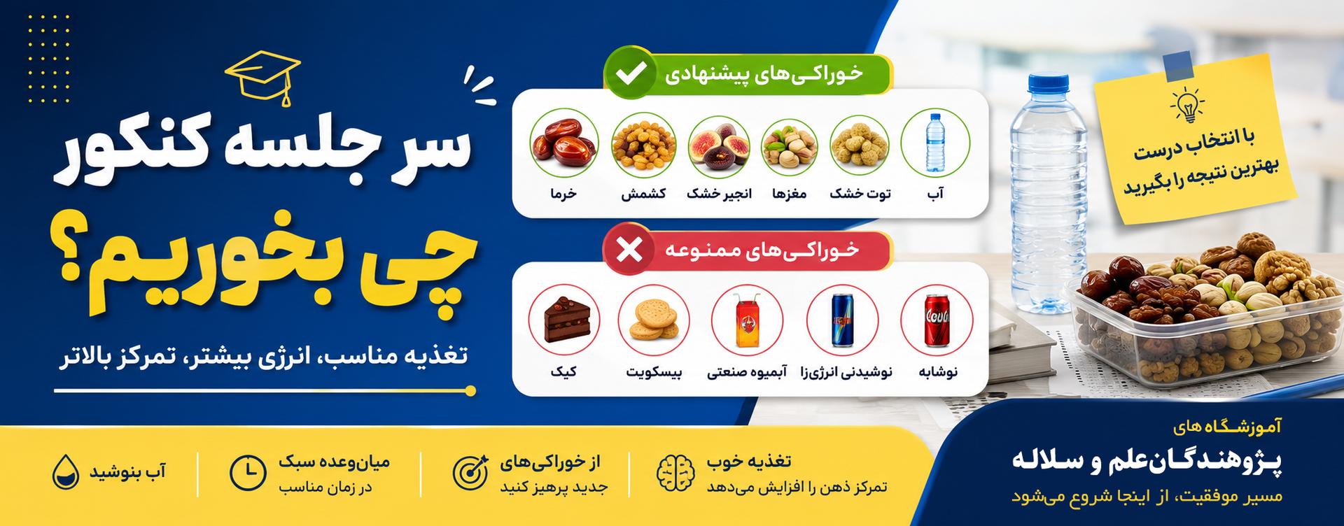 در این تصویر بهترین خوراکی&zwnj;های طبیعی مانند خرما، کشمش، انجیر خشک، مغزها و آب به همراه خوراکی&zwnj;هایی که بهتر است در روز کنکور مصرف نشوند معرفی شده&zwnj;اند. رعایت این نکات می&zwnj;تواند به حفظ تمرکز و جلوگیری از افت انرژی در جلسه آزمون کمک کند.