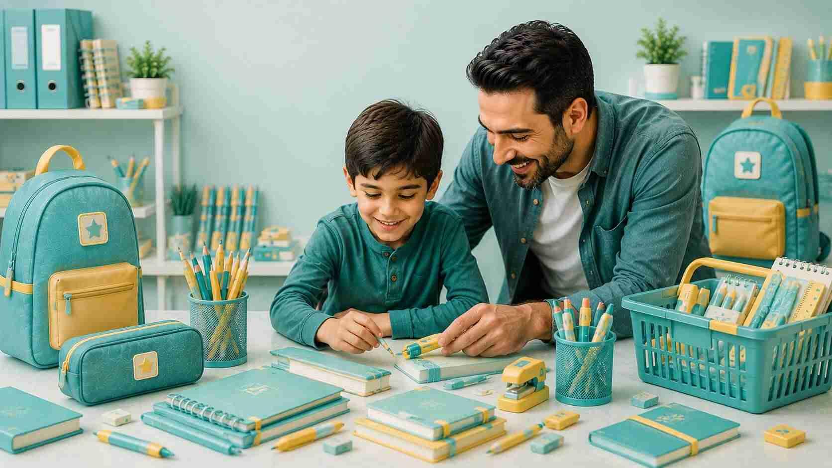 پدر و پسر در حال خرید و انتخاب لوازم التحریر